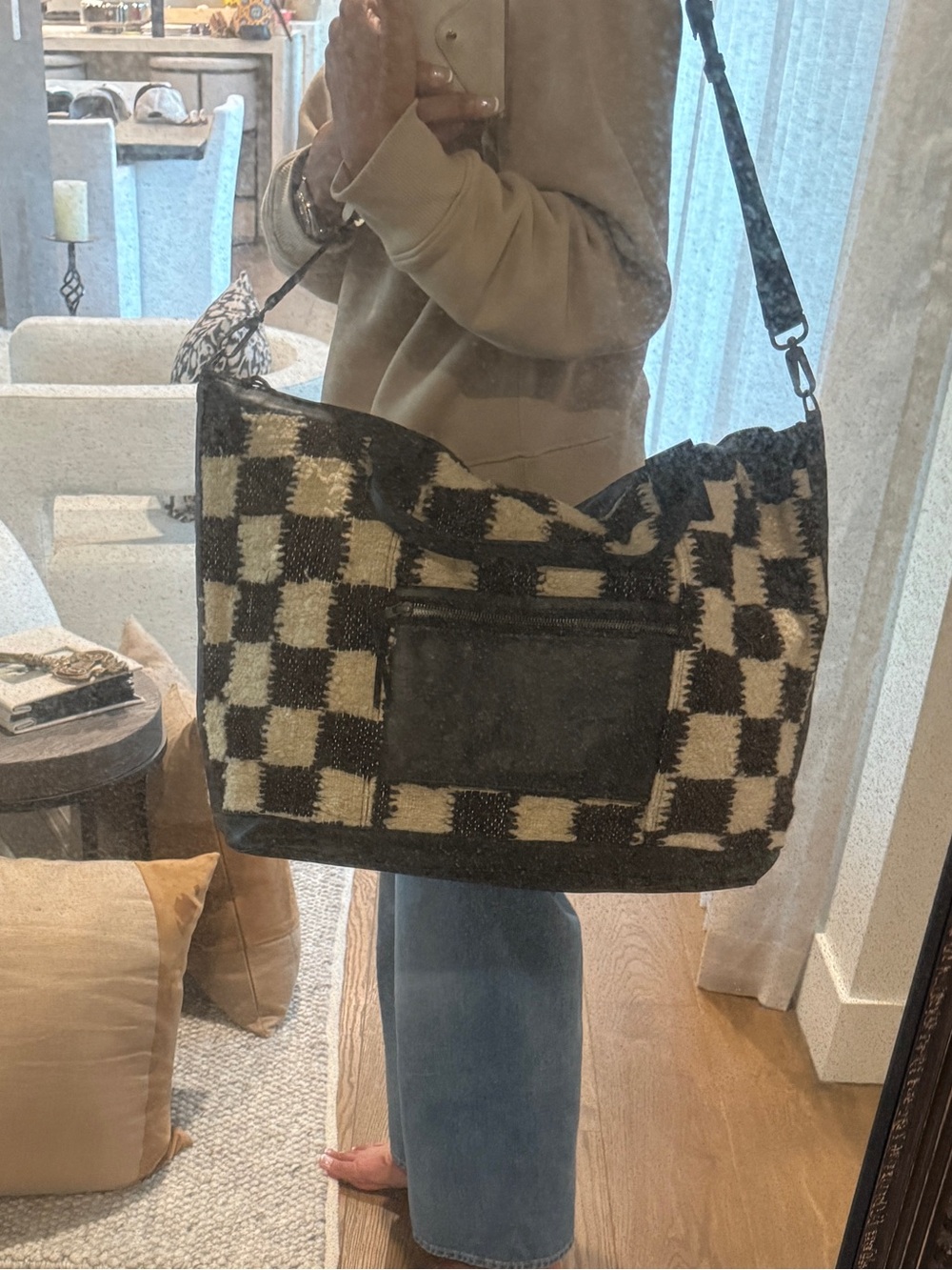 Nena & Co Brown and Cream Checkered Overnight Bag with Black Leather Trim - New! - Picture 16 of 17
